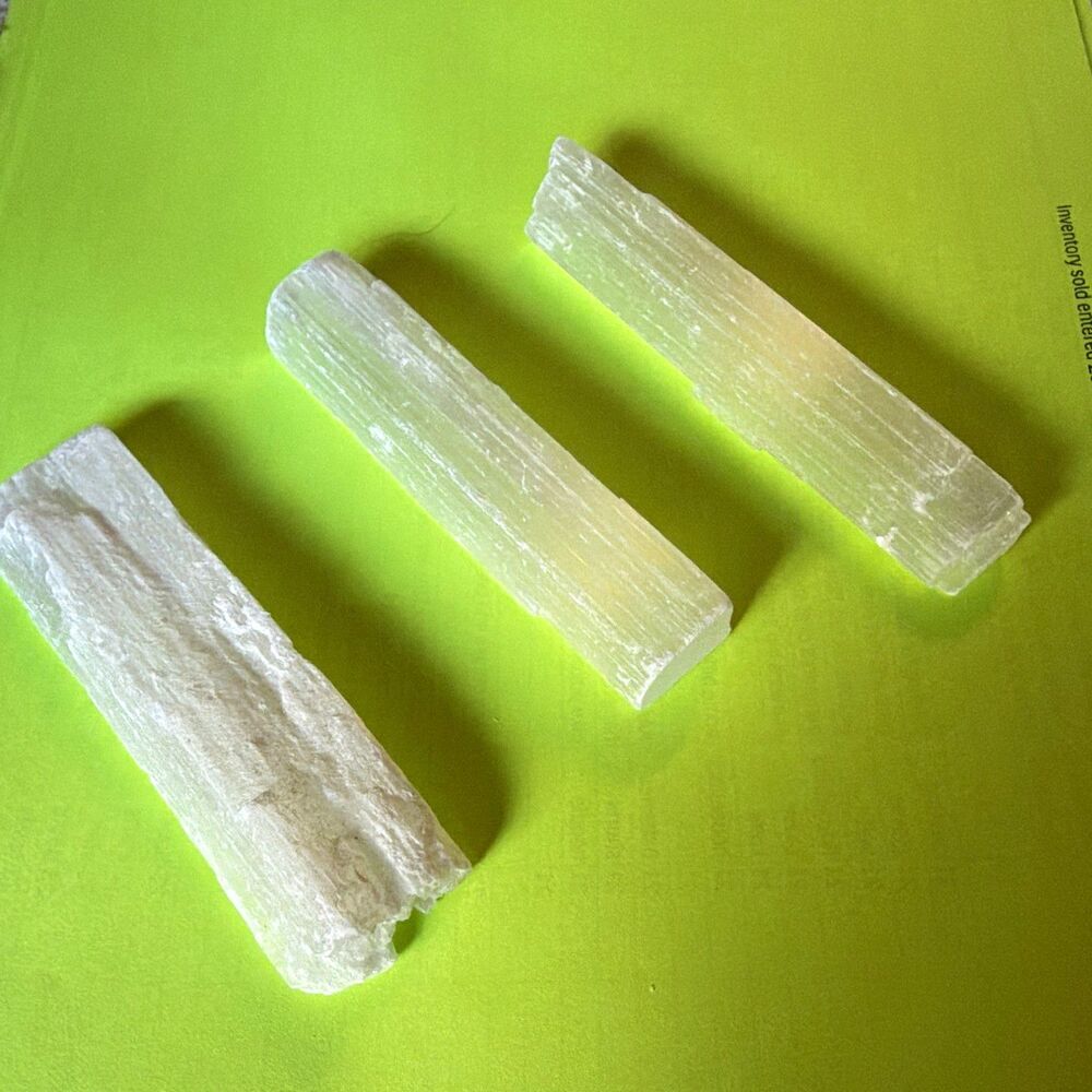 Lot of 3 White Selenite Crystal Wand Sticks Rough Mineral Display Specimens